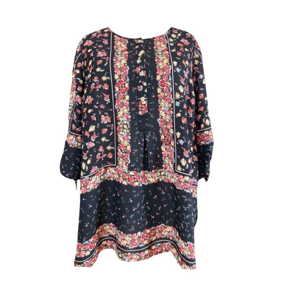 Roz & Ali Women's Black w/ Floral Round Neck 3/4 Tie Sleeve Pullover Top SZ 2X
